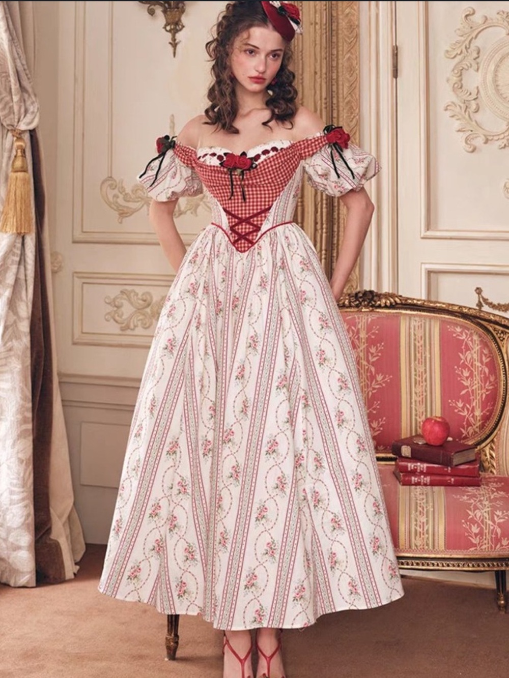 Lacemade - “Pretty Rose” - Romantic Off-Shoulder Red and White Floral Maxi Dress